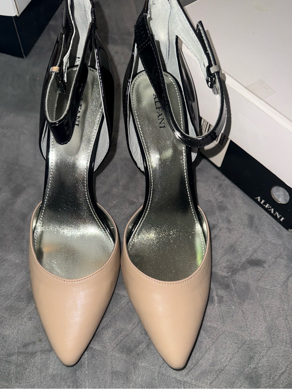 Alfani Two-Tone Pointed Toe Ankle-Strap Heels in Black and Beige